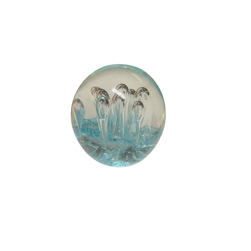 Vintage Art Glass Paperweight Hand Blown Controlled Bubbles Blue Oval Base‎ 3in